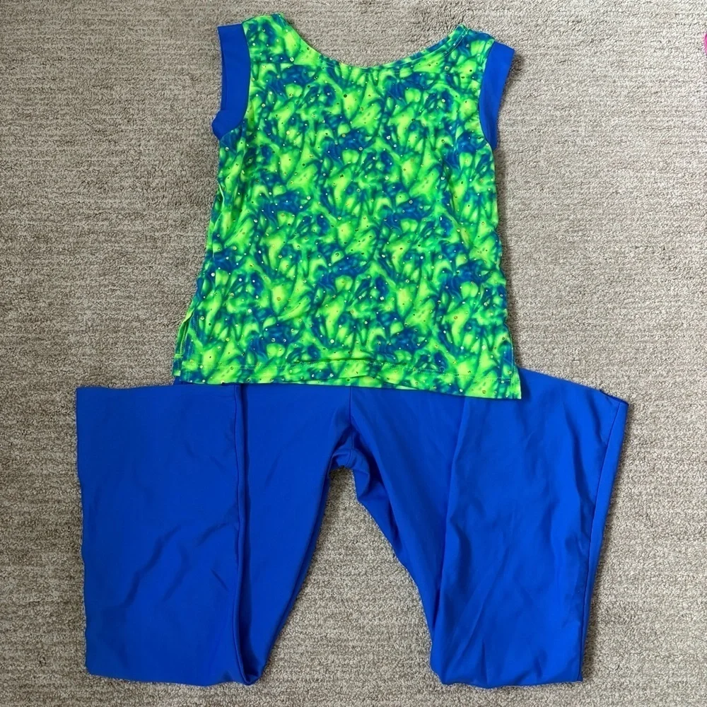 Blue , Green and Purple Dance Costume Short Sleeve Top and Pants - Size Large